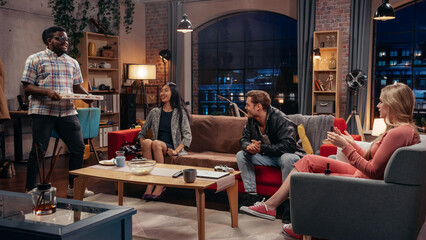Television Sitcom. Four Diverse Friends having Fun in Living Room. Funny Sketch of One Couple Eating Pizza the Other Healthy Eating. TV Comedy Series Broadcasting on Network Channel, Streaming Service