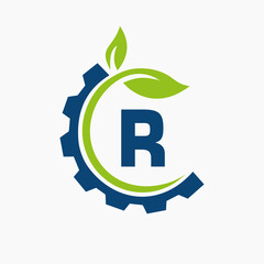 Letter R Gear Leaf Logo Design Vector Template. Leaf And Gear Symbol