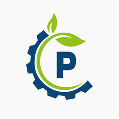 Letter P Gear Leaf Logo Design Vector Template. Leaf And Gear Symbol