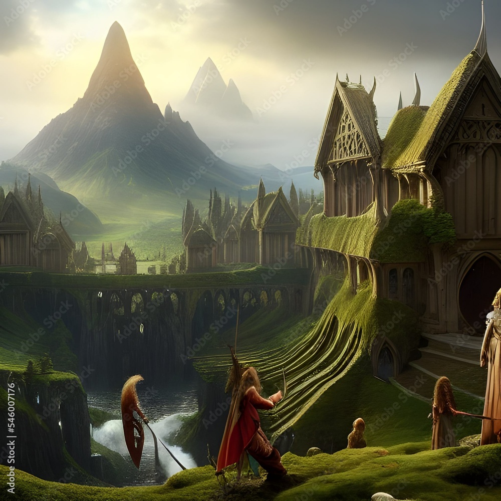 Wall mural Fantasy city scene detailed 3d render illustration