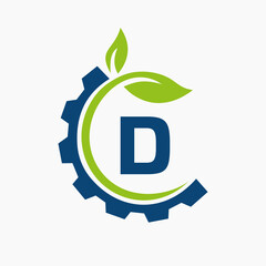 Letter D Gear Leaf Logo Design Vector Template. Leaf And Gear Symbol