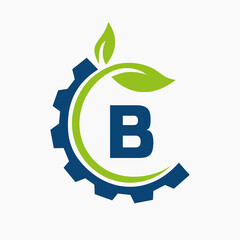 Letter B Gear Leaf Logo Design Vector Template. Leaf And Gear Symbol