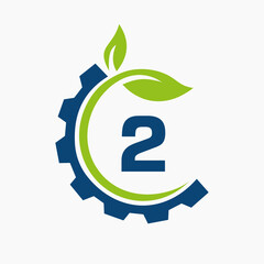 Letter 2 Gear Leaf Logo Design Vector Template. Leaf And Gear Symbol