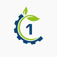 Letter 1 Gear Leaf Logo Design Vector Template. Leaf And Gear Symbol