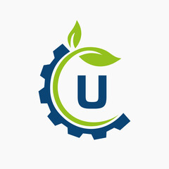 Letter U Gear Leaf Logo Design Vector Template. Leaf And Gear Symbol