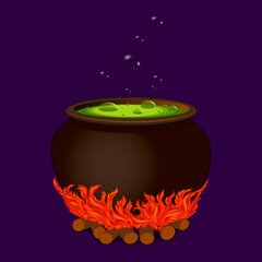 illustration Cartoon witch cauldron with boiling potion of poison and bonfire