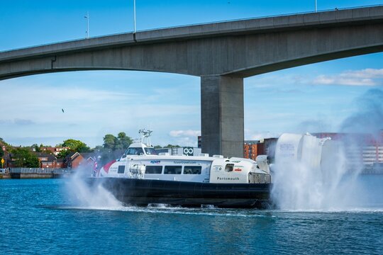 White Union Jack hovercraft in Southampton, Hampshire. Itchen Bridge in the background