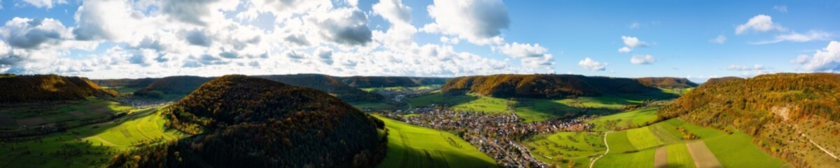 Fototapeta na wymiar Aerial view onto hill landscape in autumn