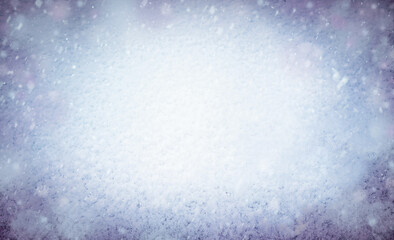 Winter snow blurry background with empty place for message.  Gray, violet magic texture with snowflakes. Christmas, New Year, holiday. .Copy space. Selective focus.