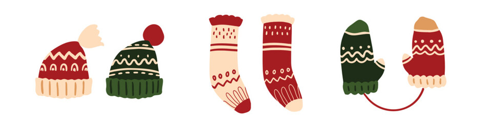 Vector winter Christmas socks, hats and gloves illustration. Hand painted accessories with winter ornament. Cozy cute flat icon set