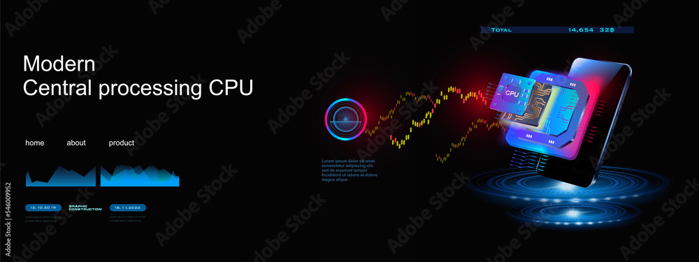 Poster cpu. new generation computer processor. process of processing system files and calculating streaming