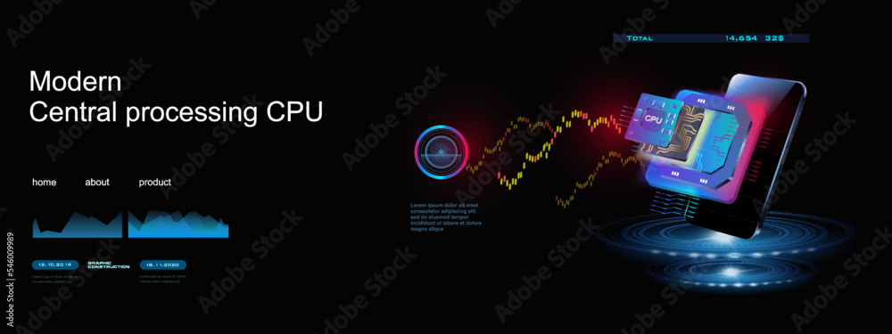Poster cpu. new generation computer processor. process of processing system files and calculating streaming
