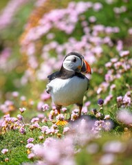 Closeup of the Atlantic puffin in a field full of pink flowers (Fratercula arctica)