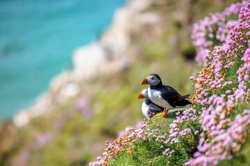 Closeup of the Atlantic puffins in a field full of pink flowers (Fratercula arctica)