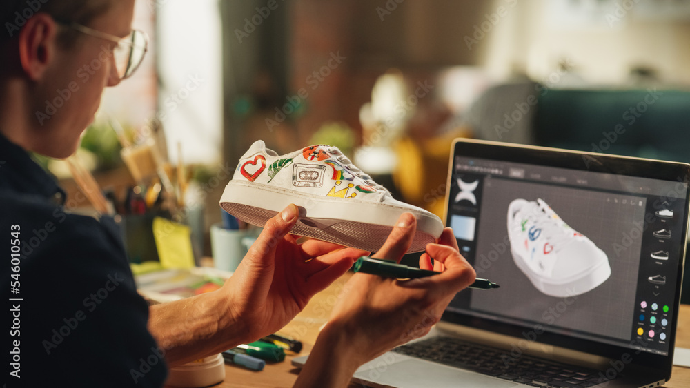 Poster inspired blonde man creating custom made model of shoes and looking at 3d prototype made in editing 