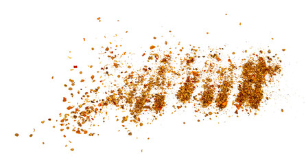 a handful of spilled spice mixture on a white background