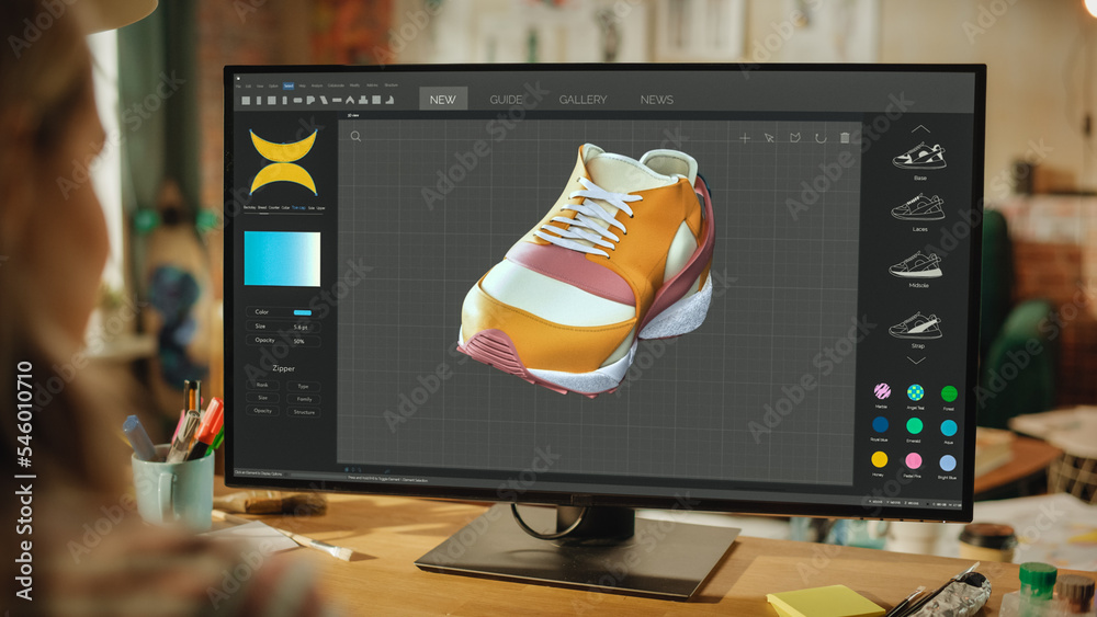 Poster Female Footwear Designer Creating and Rendering 3d Model of Shoe. Working on Powerful Desktop Computer in Creative Space. Sneaker Production Process Concept. Over the Shoulder.