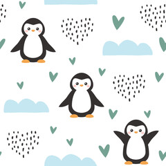 cute clean happy penguins baby bedding vector pattern design, kids neutral white background scandinavian blue clouds and dashed heart. Fabric and textile children motif print.
