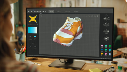 Female Footwear Designer Creating and Rendering 3d Model of Shoe. Working on Powerful Desktop Computer in Creative Space. Sneaker Production Process Concept. Over the Shoulder.