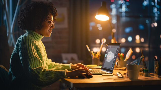 Millennial, Teen Female Designer Modelling 3D Shoe on her Professional Laptop Computer. Woman Creating and Designing of New 3D Model in CAD Program. Freelance Work Concept.
