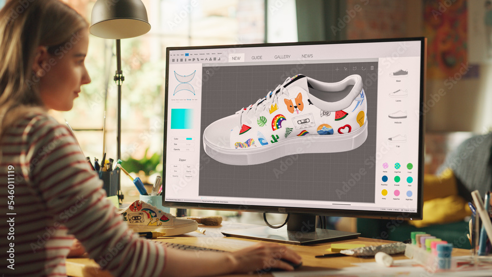 Aufkleber progressive teen female designer choose colours and patterns, modelling 3d shoe on her professional 