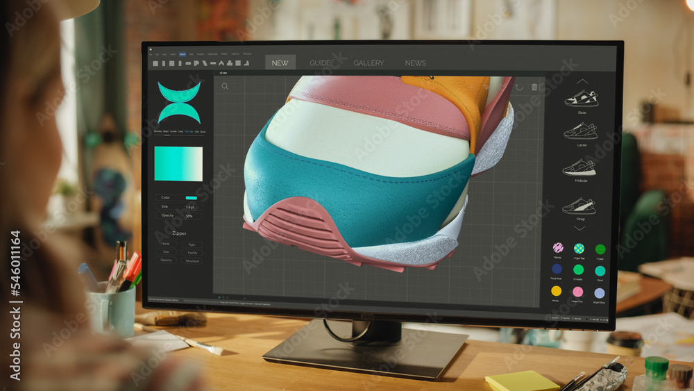 Poster Over the Shoulder View of Teenage Female Working on Design of Sneakers by Reproducing It in the Software for 3d Visualisation. She Changes Colour and Looking at Model from Different Sides. Close Up.