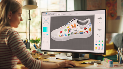 Progressive Teen Female Designer Choose Colours and Patterns, Modelling 3D Shoe on her Professional...