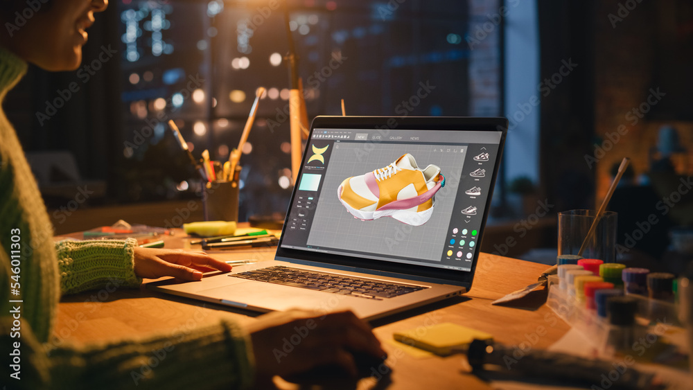 Poster close up view of hispanic female designer changing colour of 3d model of the shoe, creating footwear