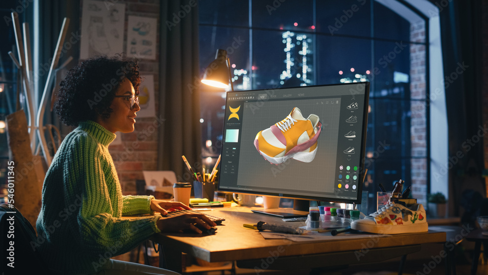 Aufkleber multiracial female designer comes up with design of sneakers by creating a model it in the software 