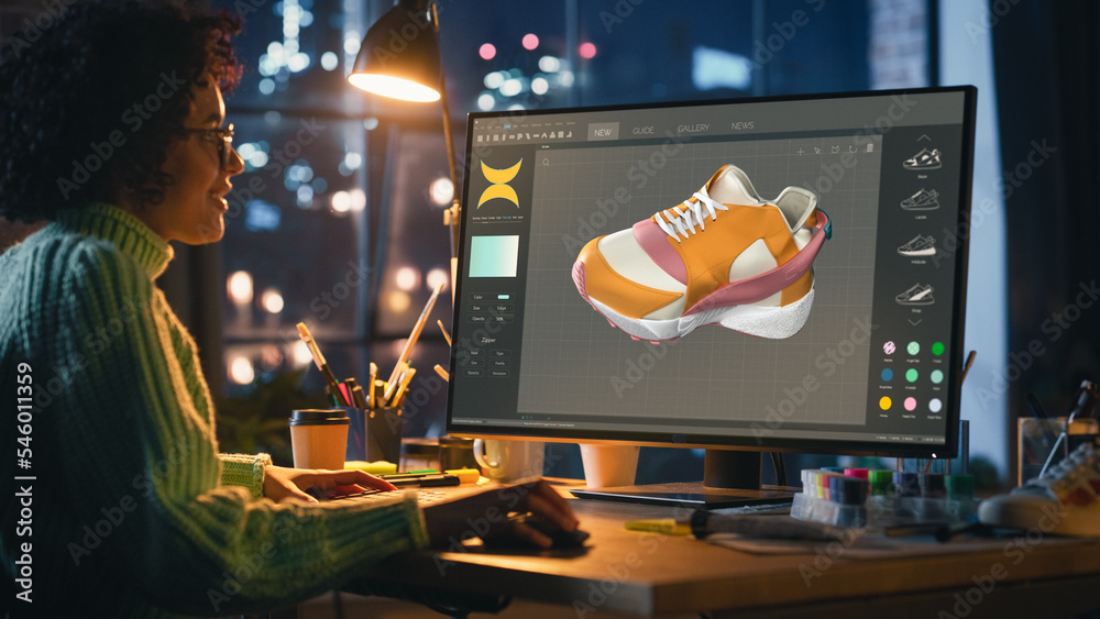 Poster black teenage woman creating and rendering 3d model of unique sneaker on powerful personal computer,