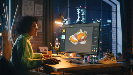 Multiracial Female Designer Comes Up with Design of Sneakers by Creating a Model It in the Software...