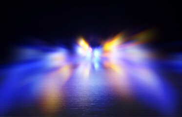Dark fractal, abstract background. Bright neon lines, waves reflect on the texture. Blurred laser shapes, bokeh. 3d illustration