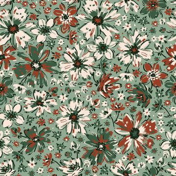 Ditsy Fashion Print. Simple Different Small Flowers. Millefleurs Liberty Style Floral Design. Blooming Meadow Seamless Pattern. Plant Vintage Background. Wildflowers. Green, White, Brown Colors.