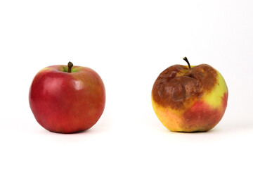 Red ripe apple and rotten spoiled side by side, white background, isolated apples