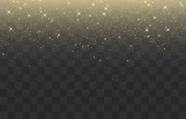 Glitter gold particles shine effect on png background. Vector gold glitter particles effect and texture. Stardust amber particles color on transparent background. Golden explosion of confetti.