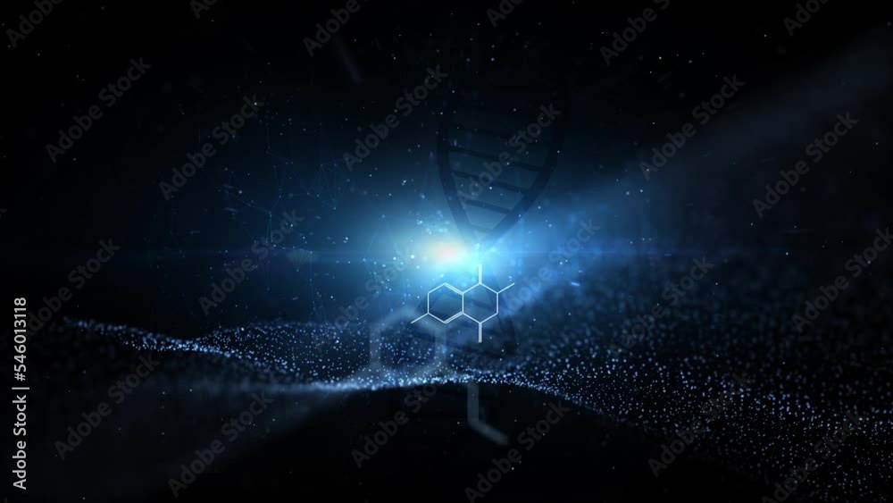 Poster looped dark wavy space with dna chain and hexagon molecules animation.