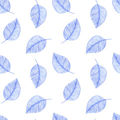 Fototapeta na wymiar Watercolor pattern with delicate blue leaves, twigs with leaves, botanical illustration