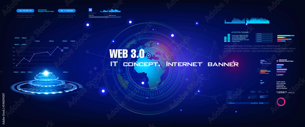 Poster web 3.0 conceptual cyber banner with information exchange process using next generation internet. un