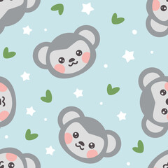 Grey monkey face on a light blue background with dots, green hearts and stars. Kids cute animals pajama print design. Vector seamless pattern for baby fabric and textile.