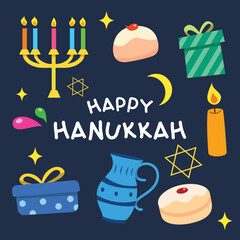 Set of Hanukkah element. Doodle cartoon hand drawn flat design for template, banner, poster, media