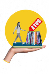 Vertical creative collage photo of happy girl go shopping clothes on sale discount black friday isolated on white color background