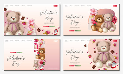 Set of Website design templates. Happy Valentine's day, shop, web concept. Teddy bears, gifts, roses, chocolates isolated on pink. Vector illustration for poster, banner, website, advertising