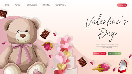 Website design template. Happy Valentine's day, shop, web concept. Teddy bears, gifts, roses, chocolates isolated on pink. Vector illustration for poster, banner, website, advertising