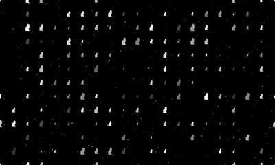 Seamless background pattern of evenly spaced white cat symbols of different sizes and opacity. Vector illustration on black background with stars