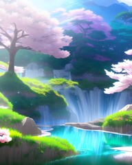 a natural mountain hot spring, colorful anime movie background, cherry blossom tree