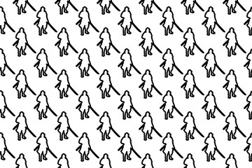 Seamless pattern completely filled with outlines of samurai symbols. Elements are evenly spaced. Vector illustration on white background