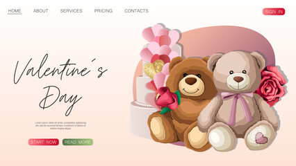 Website design template. Happy Valentine's day, shop, web concept. Teddy bears, gifts, roses, cake isolated on pink. Vector illustration for poster, banner, website, advertising