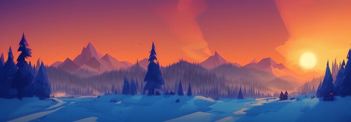 AI-Generated Image of a Winter Mountain Sunset Landscape Banner