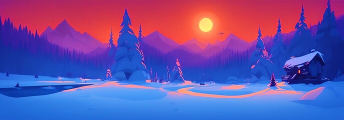 AI-Generated Image of a Winter Mountain Sunset Landscape Banner