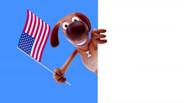 Fun 3D cartoon dog holding the USA flag, alpha channel included